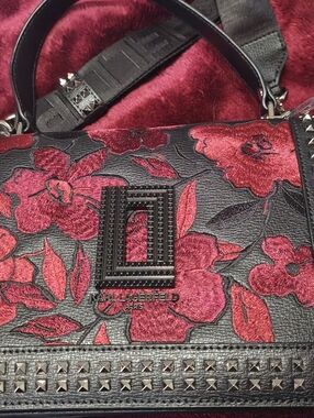 Karl Lagerfeld Black & Red Floral Studded Crossbody Bag NWOT